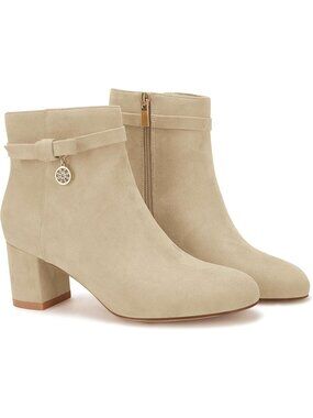 Women's Beige Ankle Boots Chunky Block Low Heel Vintage Tie Knot Booties